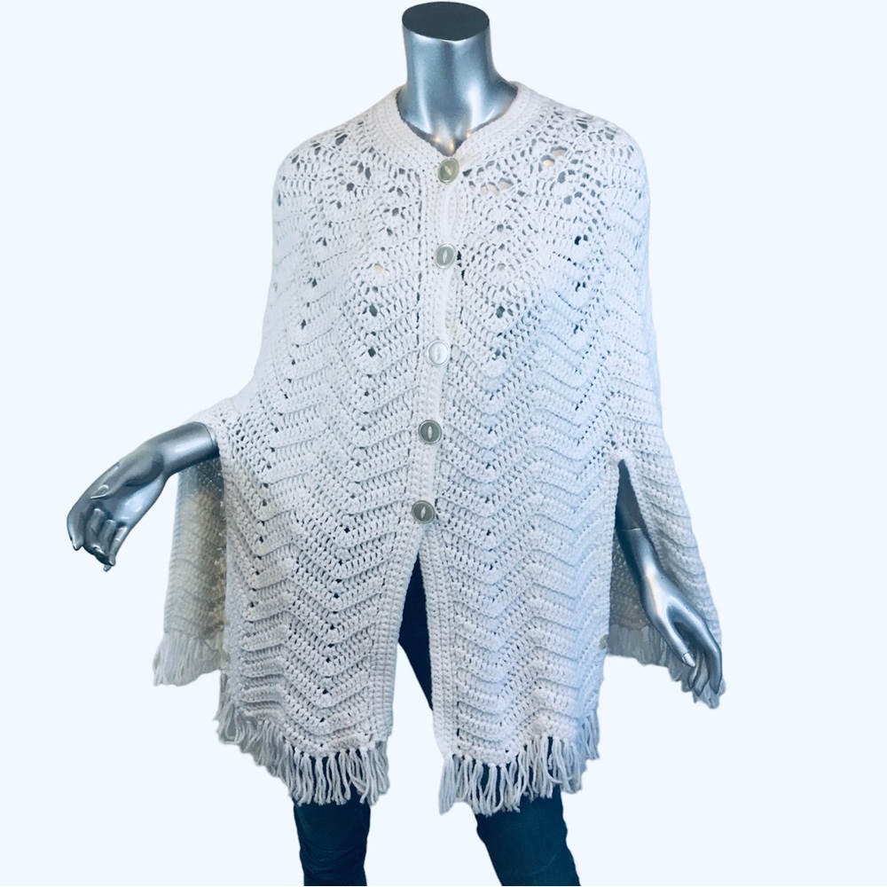 Vintage White Handmade Crochet Knitted Shawl Button Front And On Sides OS